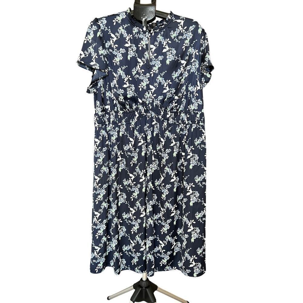NWT Lane Bryant Midi Dress, Navy Floral, 20P, keyhole, elastic waist, silklike